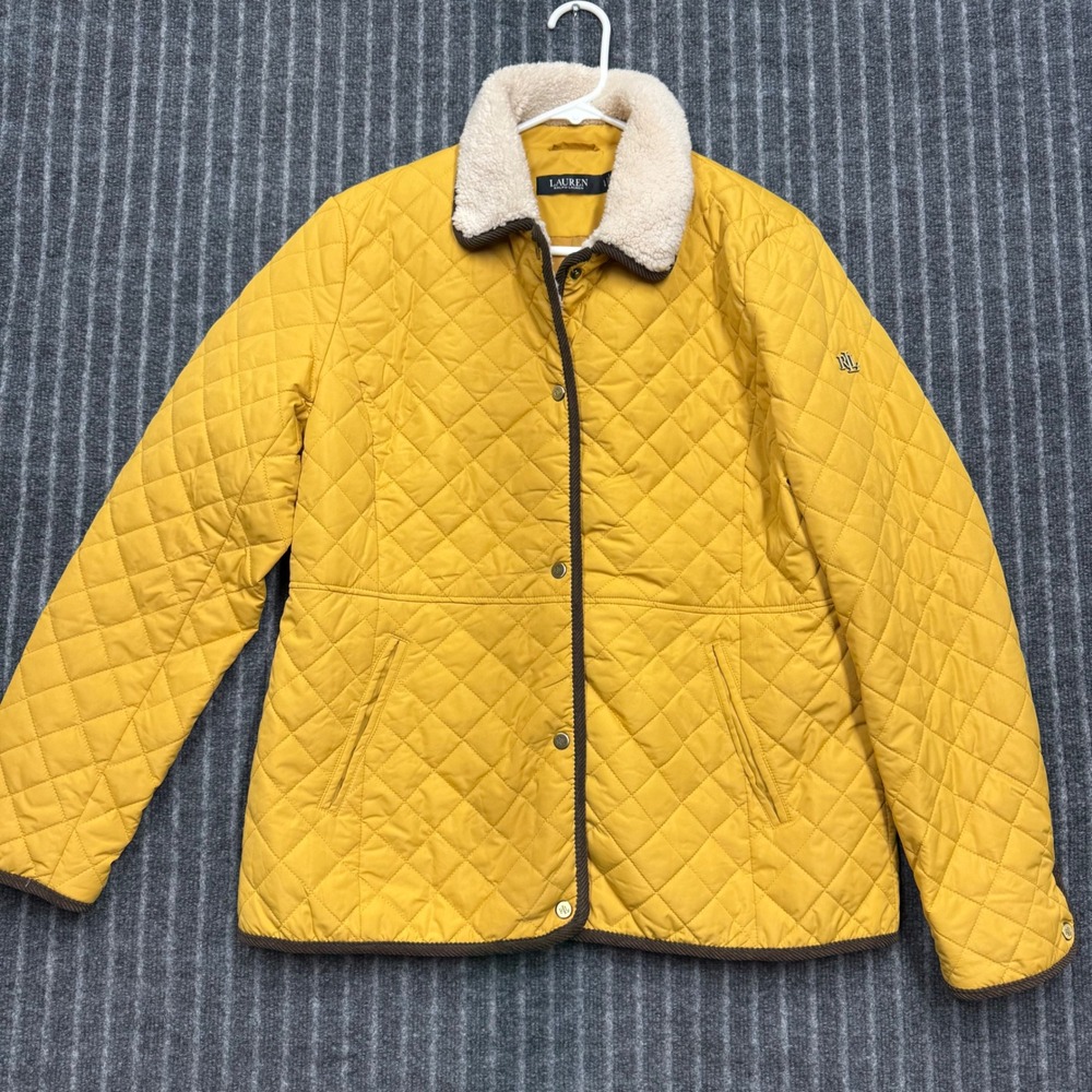 Lauren Ralph Lauren Womens Quilted Jacket Large Yellow Faux Shearling Collar LRL